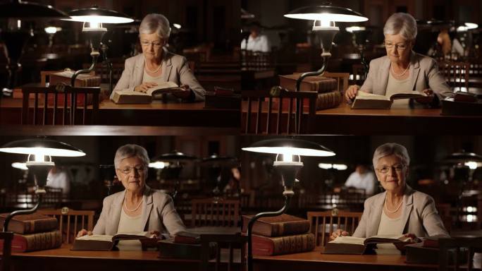 DS一位资深女性在图书馆阅读的肖像