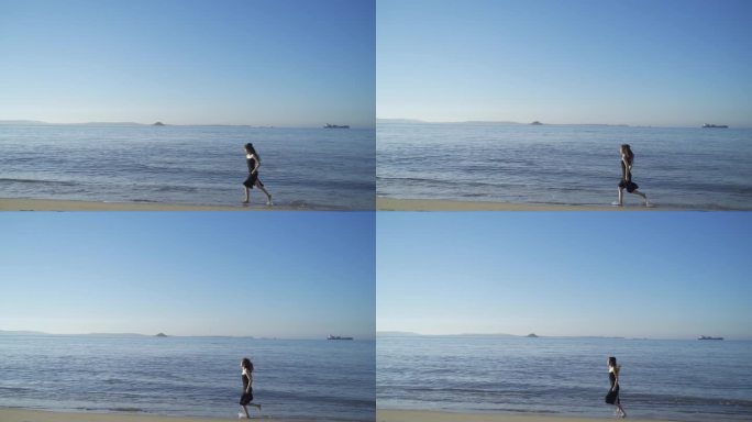 清晨日出美女在海边奔跑沙滩上跑步未来希望