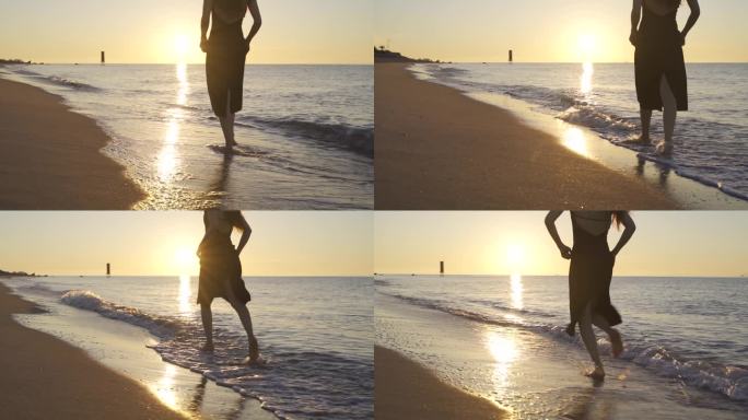 美女海边奔跑大海日出美女背影阳光沙滩散步