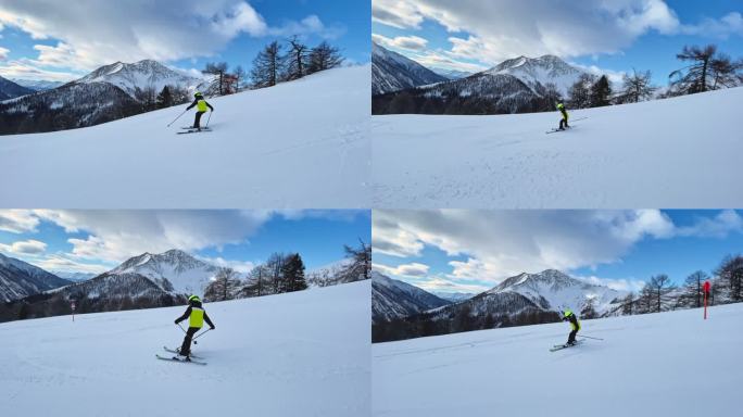 TS男孩在山坡上滑雪