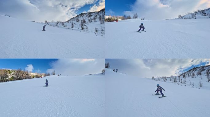 TS儿童滑雪下坡山坡上积雪