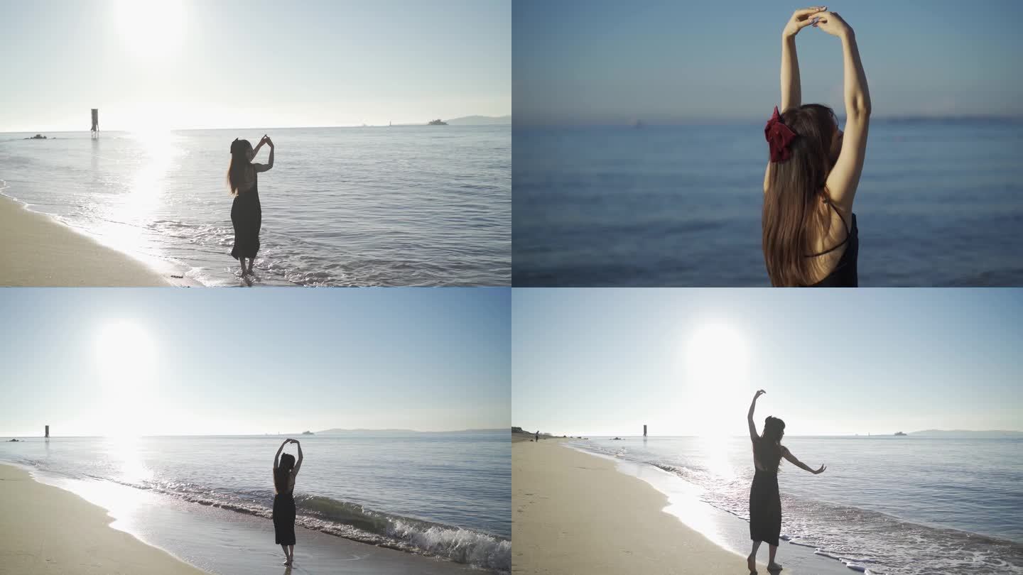 美女在海边跳舞海滩沙滩上玩耍海水海浪大海