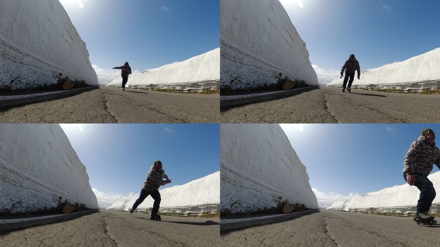 一名内联滑冰运动员在高山雪墙路上慢动作