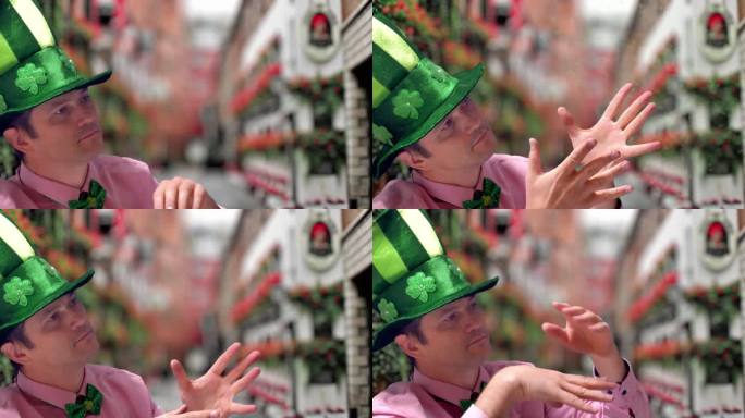 戴绿帽的魔术师在圣帕特里克节表演魔术