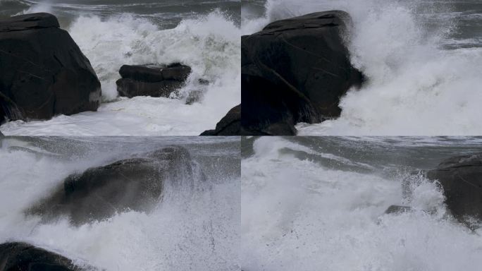 巨浪拍打礁石慢镜头