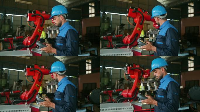 年轻的拉丁男子工程师技术操作员检查自动化机器并使用笔记本电脑控制机器人手臂工厂和工作区