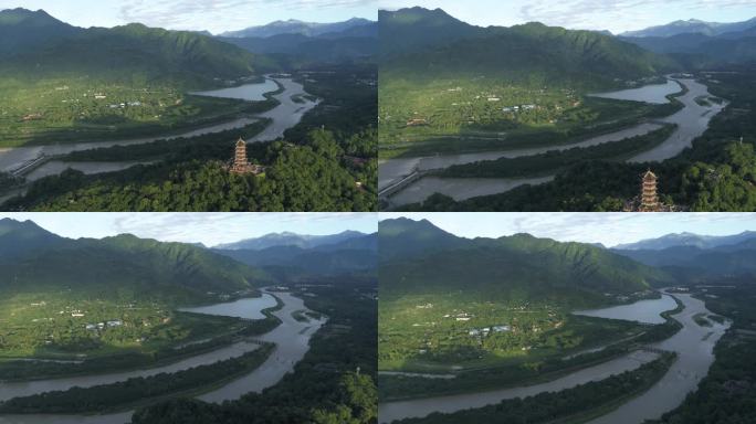 夏日清晨航拍成都都江堰景区水利工程