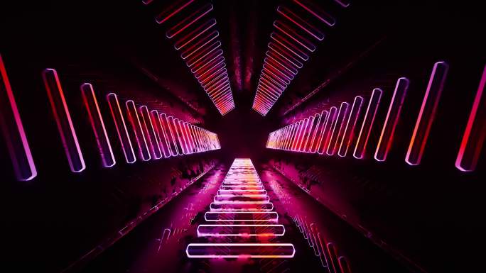 穿梭在发光霓虹线条隧道3D渲染