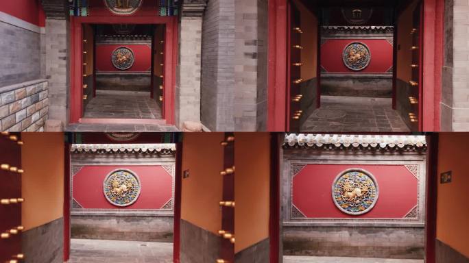 北京白瀑寺红墙金色麒麟影壁