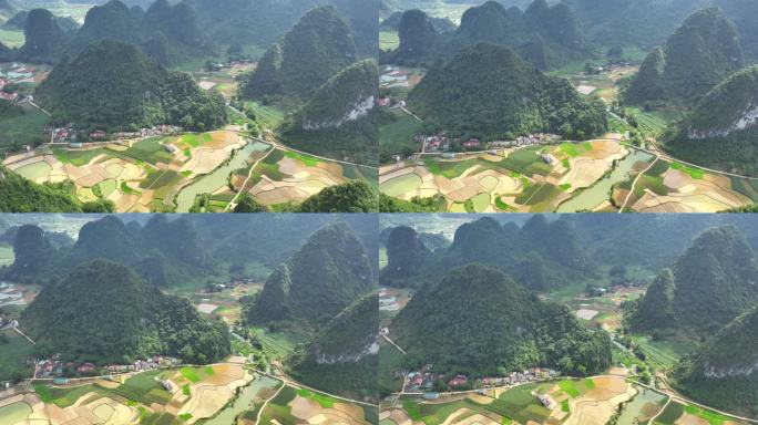 越南曹邦忠清区丰南稻田和千奇百怪山的无人机鸟瞰图