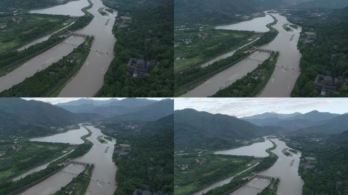 航拍著名旅游景区四川都江堰水利工程江河水