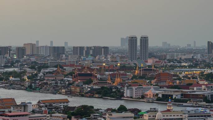 泰国曼谷城市景观河畔日夜流逝