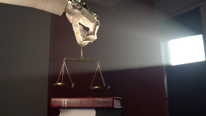 《圣经》中机器人手持正义天平的视频