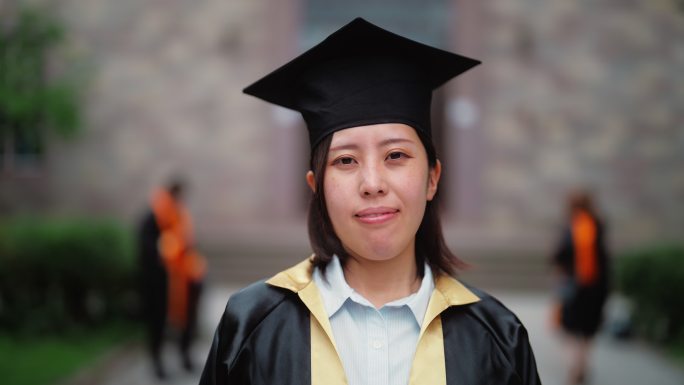 校园里穿着毕业礼服的亚洲女大学生肖像