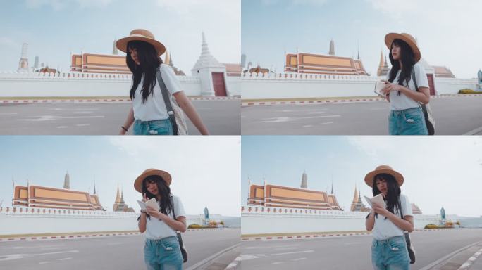 年轻的亚洲女性在曼谷的佛罗伦萨和大皇宫旅行