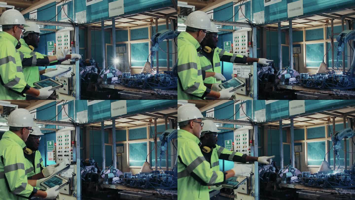 一组从事防护工作的技术工程师，负责控制和指导工厂工业机器人机械臂的维护