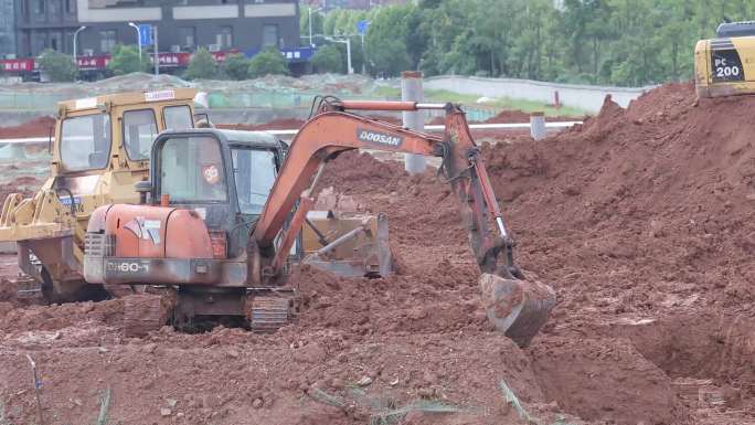 4K建筑工地施工挖机推土机推土