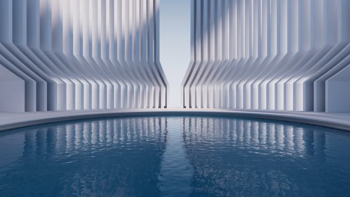 白色几何体建筑和水面空间3D渲染