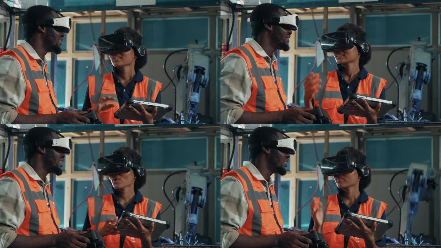 两名非洲黑人工程师在自动化工厂使用VR护目镜。