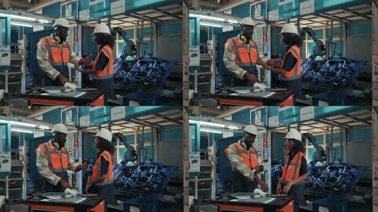 一组从事防护工作的技术工程师，负责控制和指导工厂工业机器人机械臂的维护