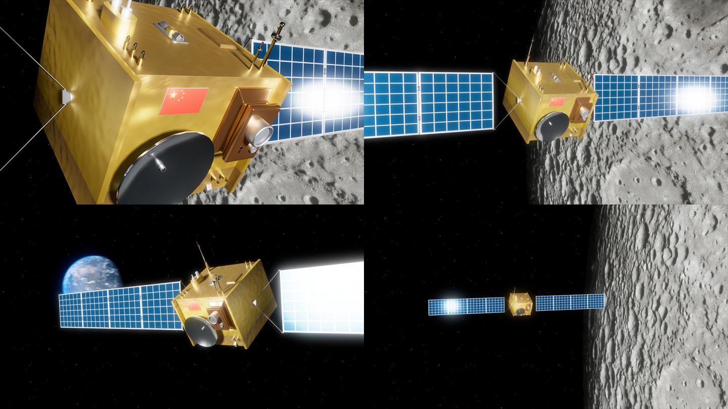 4K特写月球探测器卫星在低轨飞行特写