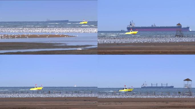 海上行驶黄色快艇升格拍摄