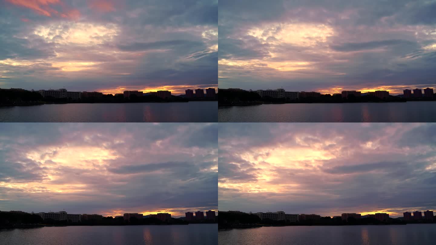 湖边学校小区天空晚霞延时云朵变化夕阳黄昏
