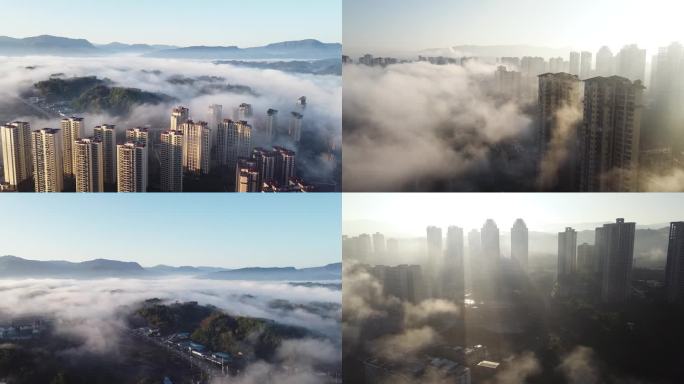 航拍云雾平流雾大气城市