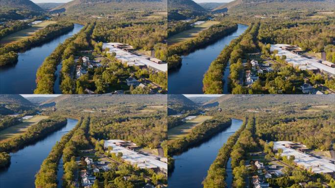 斯拉廷顿附近的利海河和利海河运河的全景风景，该河沿河而建，用于煤炭运输。背景中，一个热气球正在河上飞