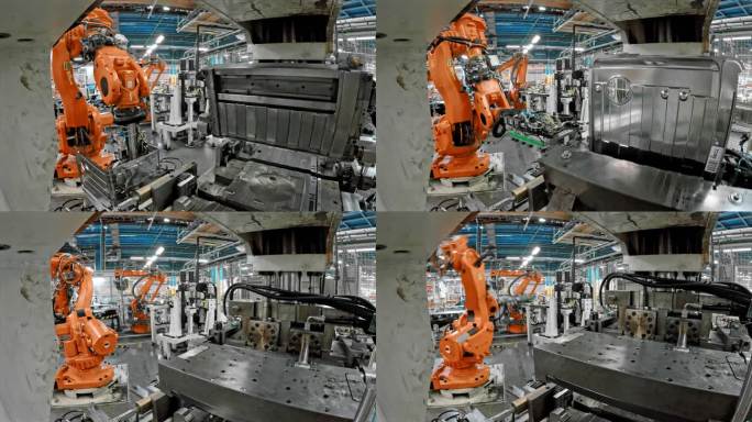 TIME LAPSE工业机器人从机器上取下模制金属板，使其弯曲