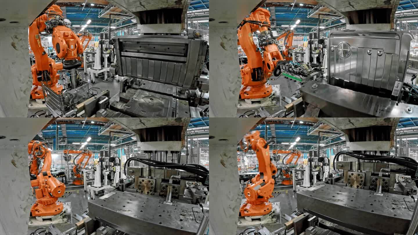 TIME LAPSE工业机器人从机器上取下模制金属板，使其弯曲
