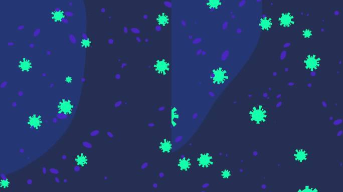 抽象背景，深蓝色背景上有漂浮的病毒分子，带有药物相关设计的复制空间