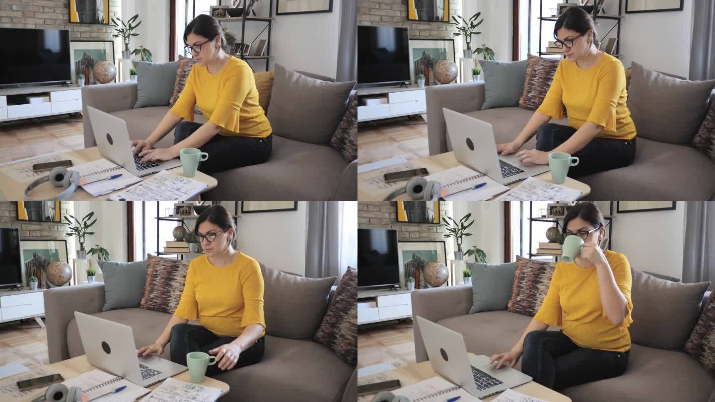 在大流行封锁措施期间，女性在家里用笔记本电脑工作