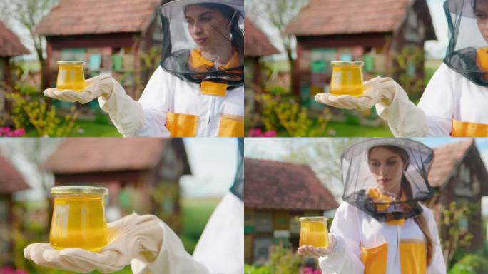 带蜂蜜罐的女养蜂人