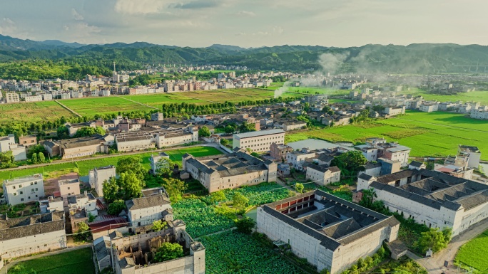 美丽乡村古村落客家四角楼乡村田野稻田