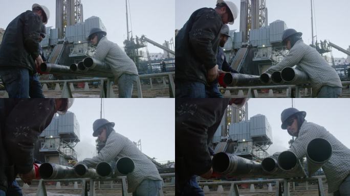阳光明媚的一天，三名油田工人在石油天然气钻井平台现场拆除钻杆螺纹保护帽的慢镜头