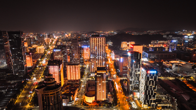 延时航拍青岛城市CBD夜景内透车流4K