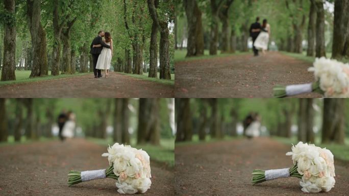 SLO MO新娘和新郎在一条林荫道上散步
