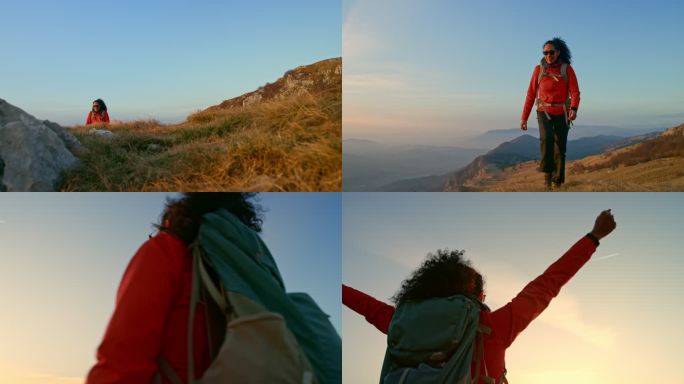 SLO MO女性徒步旅行者在日落时分到达山顶并举手致胜