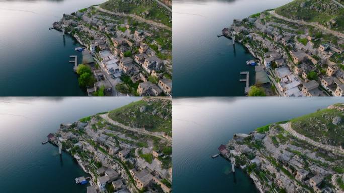 Halfeti：一个历史悠久的土耳其小镇，被部分淹没，淹没的清真寺尖塔4K无人机镜头