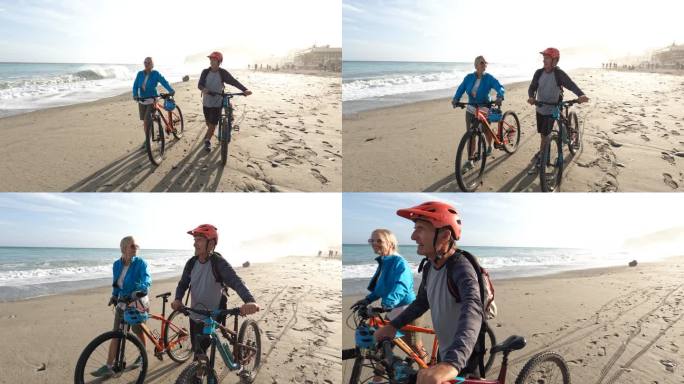 情侣们沿着海滩推着自行车，后面有冲浪
