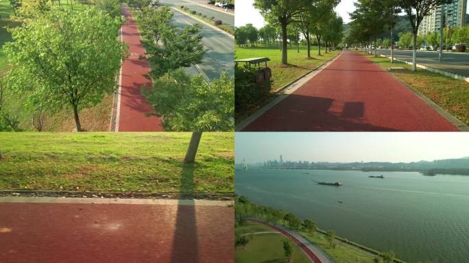4K长沙湘江风光带市民健身绿道航拍空镜