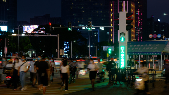 城市夜晚道路车流人流实拍4K