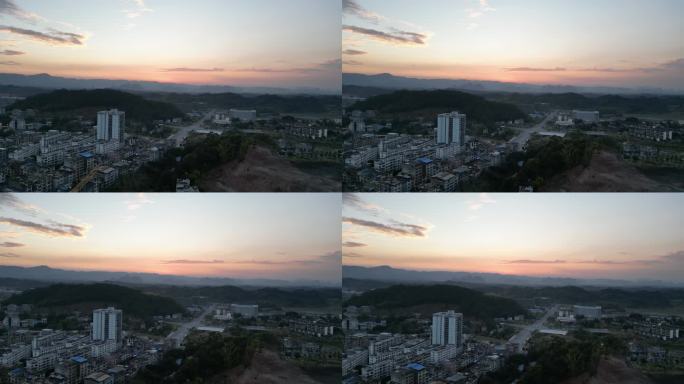 航拍贺州平桂区晚霞建筑交通