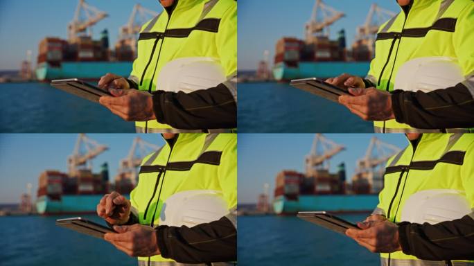 工程师，一名身穿警告背心的男子站在港口的海滨，在数字平板电脑上打字并戴上头盔