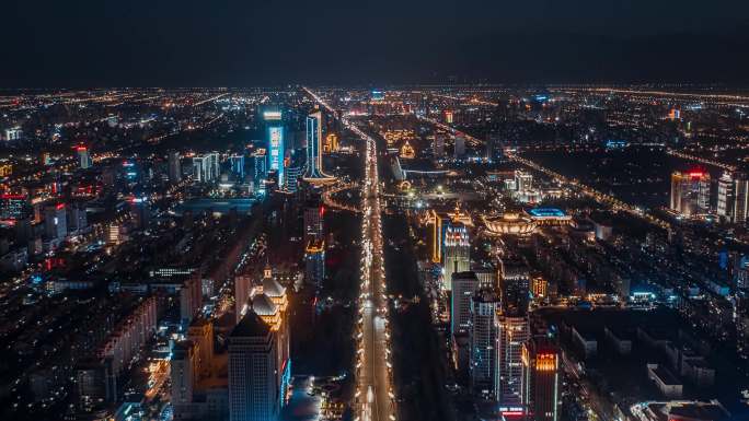 银川城市夜景北京路航拍延时