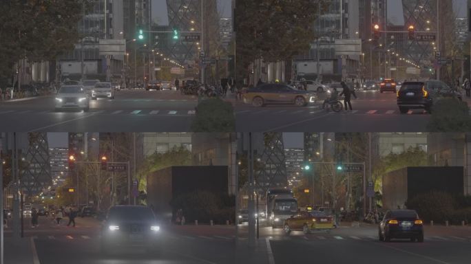 城市夜晚交通忙碌下班空镜车流十字路口红绿