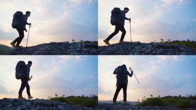 男人爬山户外探险背包客户外锻炼登山剪影