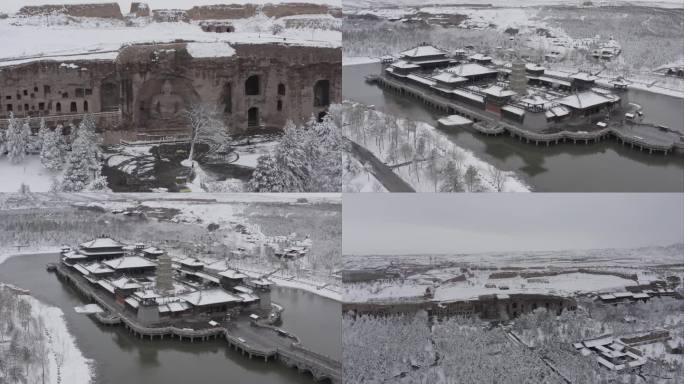 山西大同云冈石窟雪景航拍合集