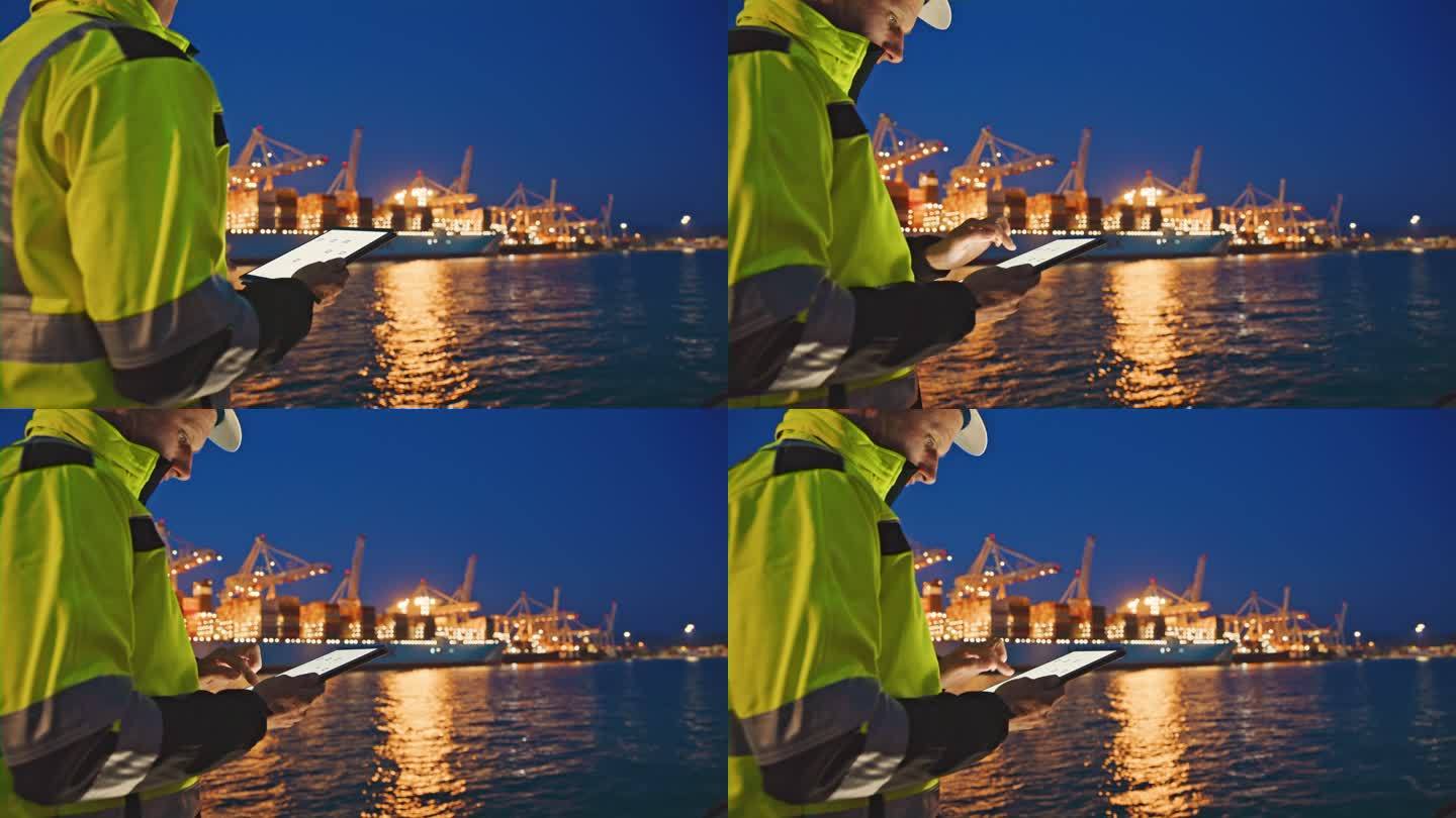 晚上，戴着头盔和警告背心的工程师站在港口一艘大型集装箱船前，使用数字平板电脑